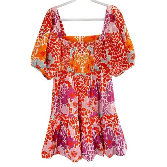 OLIPHANT Bubble Skirt Mini Cotton Smocked Dress Antigua Orange Print Tuckernuck - Picture 5 of 7